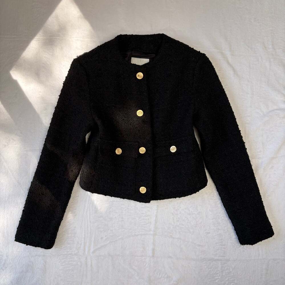 Abercrombie & Fitch Boucle Tweed Jacket Womens XS Black Cropped Preppy Old Money